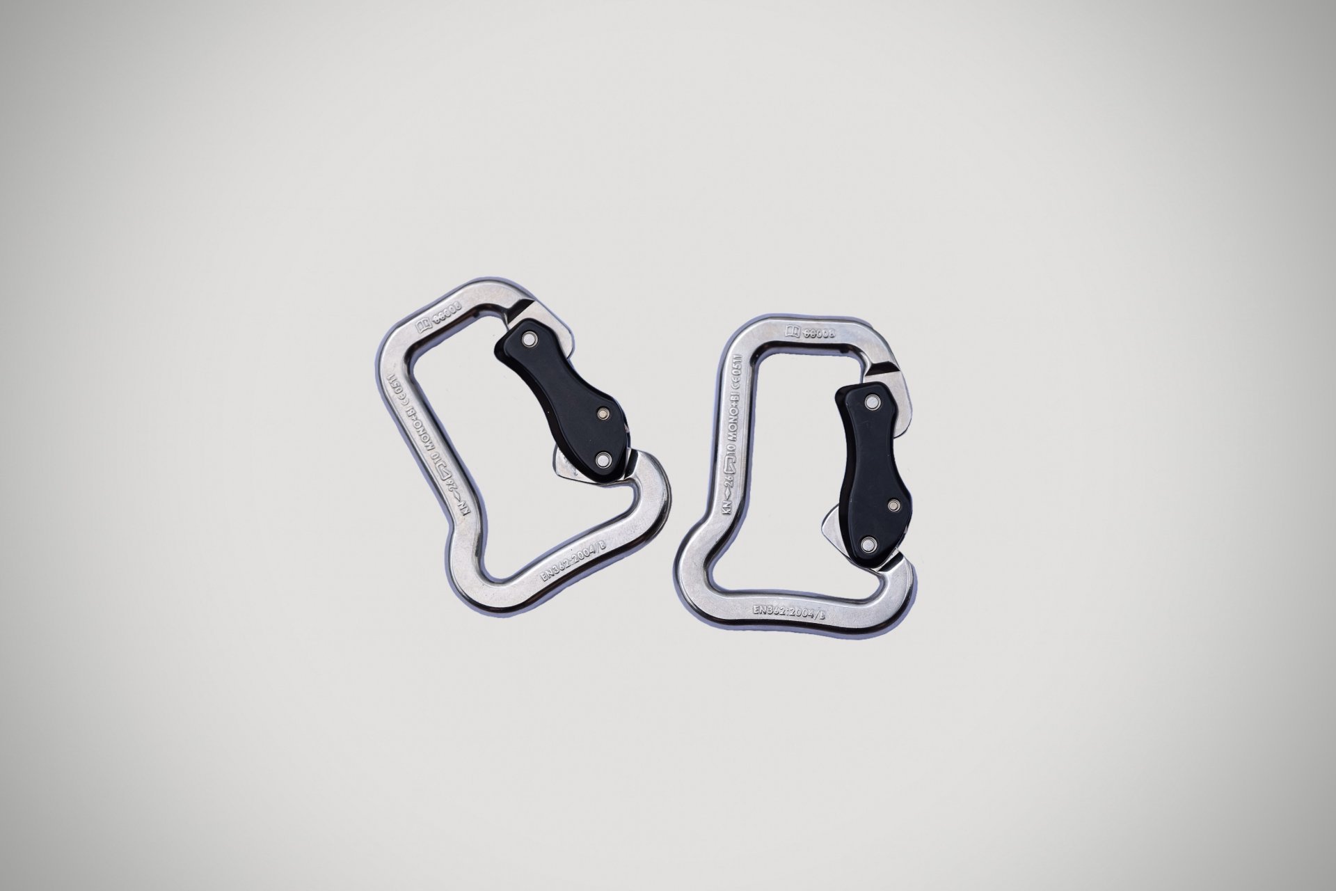 Stainless steel carabiners and rigging hardware.