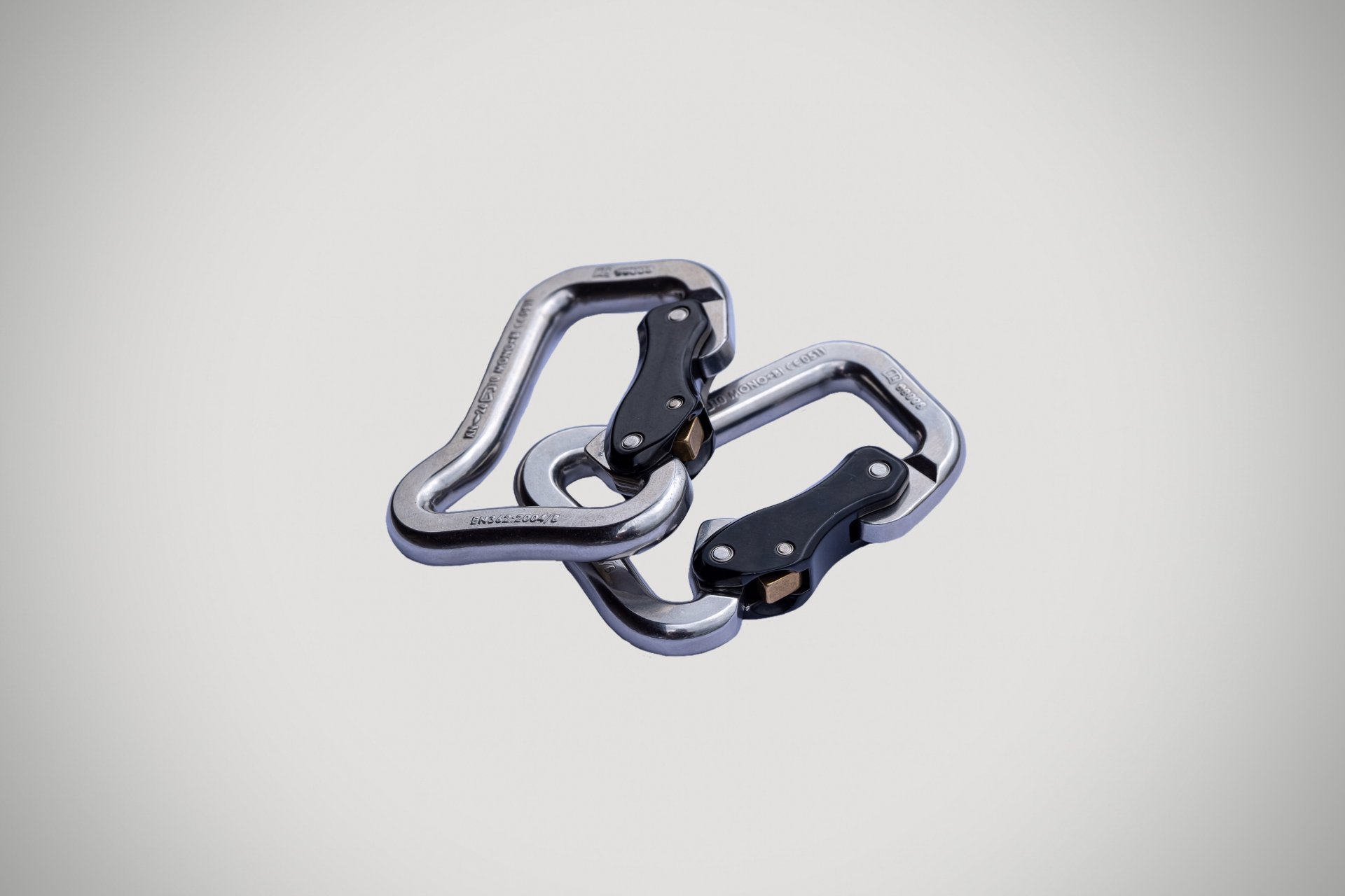 Stainless steel carabiners and rigging hardware.